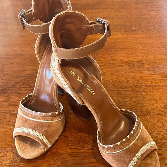 Sergio Rossi Suede Ankle Strap Heels Block Heel Sandals Brown Size 6 - Picture 3 of 11